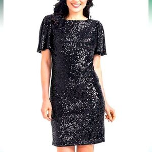 Hilary Radley black sequin pull-on midi dress with flutter sleeves size Large